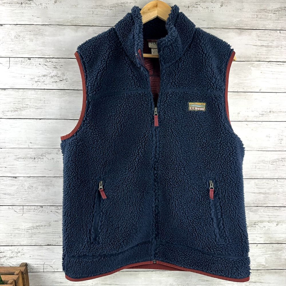L.L. Bean Navy Sherpa Fleece Vest with Red Trim